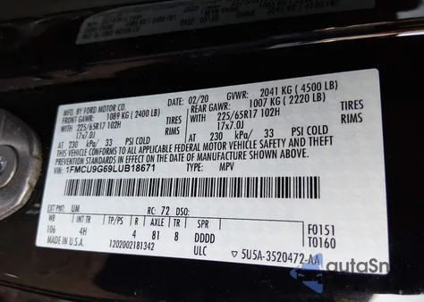 2020 Ford Escape Se from USA, damaged, VIN 1FMCU9G69LUB18671